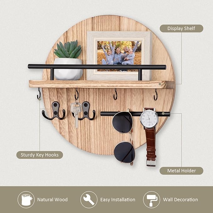 Nekon Key Holder Wall Mount, 11.8 Inch Key Rack with Shelf and 6 Key Hooks, Rustic Key and Mail Organizer, Circular Wooden Key Hanger for Entryway Hallway Kitchen (Wood)