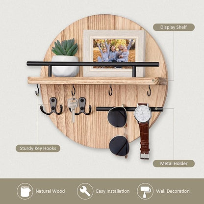 Nekon Key Holder Wall Mount, 11.8 Inch Key Rack with Shelf and 6 Key Hooks, Rustic Key and Mail Organizer, Circular Wooden Key Hanger for Entryway Hallway Kitchen (Wood)