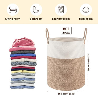 OIAHOMY Large Laundry Basket Hamper - 80L Cotton Rope Woven Basket for Blankets, Toys, Clothes - Tall Decorative Nursery Hamper with Long Handles, Brown/White