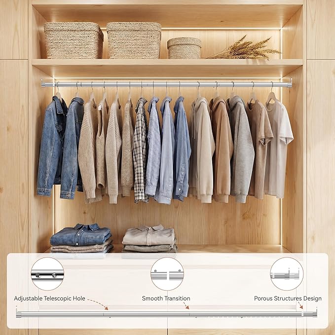 Oval Closet Rod 18-100 Inch Adjustable Closet Rods for Hanging Clothes Heavy Duty Silver Poles Bar with End Supports Rust Proof Wardrobe Rod for Laundry Room RV
