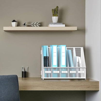 SUPEASY Desk Organizers Metal Desk Magazine File Holder with 5 Vertical Compartments Rack File Organizer for Office Desktop, Classroom, Home Workspace, White Plus