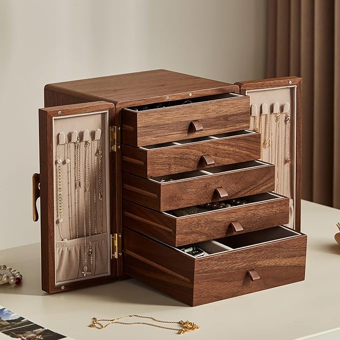 Wooden Jewelry Box 5 Layer Black Walnut Large Jewelry Organizer with Brass Handle for Necklaces Rings Earrings Watches Storage, Christmas Gifts(7.9x8.7x10.0inches)