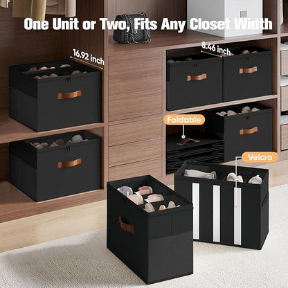 2 Pack Shoe Organizer for Closet,Foldable Shoe Storage Organizer with Adjustable Dividers, Shoe Storage Box with Clear Cover, Fits up to 16 Pairs, Black
