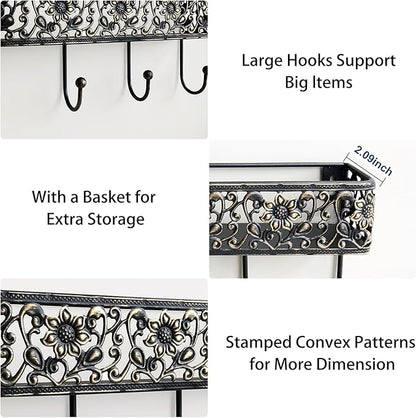 Key Holder for Wall，Vintage Metal Key and Mail Holder Wall Mount, Decorative Entryway Key Rack with Hooks for Keys, Mail, Hats, Bags