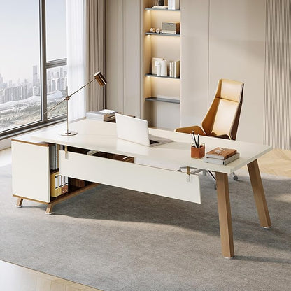 Tribesigns 78.7" L-Shaped Executive Desk, Modern Office Desk with File Drawers & Storage Shelves, Large Computer Desk with 55-Inch Cabinet, Business Workstation for Home Office, White & Walnut