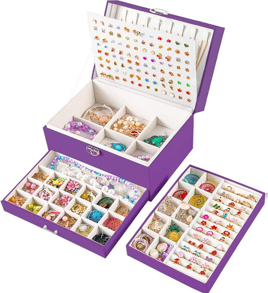 QBestry Earrings Jewelry Box for Girls, 5 Layers Jewelry Organizer with Earring Holder Organizer for Girls Earring Organizer Jewelry Boxes for Women Earrings and Necklaces Jewelry Box Organizer Purple