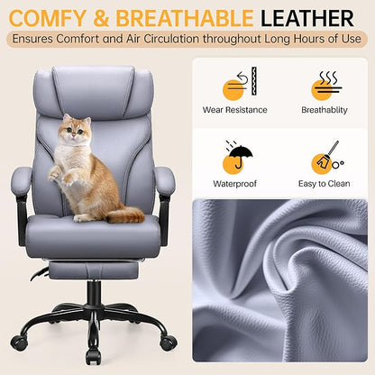 Office Chair, Executive Big and Tall Leather Desk Chairs with Footrest, Ergonomic Breathable Computer Chair with Adjustable High Back, Lumbar Support Swivel PC Chairs with Rocking Function