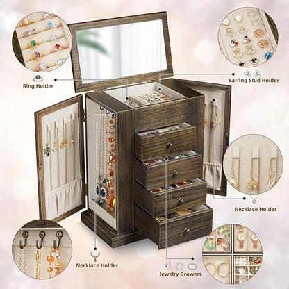 Emfogo Jewelry Box for Women, 5 Layer Large Wood Jewelry Boxes & Organizers for Necklaces Earrings Rings Bracelets, Rustic Jewelry Organizer Box with Drawers and Mirror(Vintage)