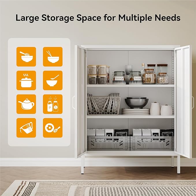 COFaR White Metal Storage Cabinet, 40” Kitchen Buffet & Coffee Bar Cabinet with Adjustable Shelves, 3-Tier Steel Organizer with Magnetic Doors, Sideboard for Dining Room, Home Office