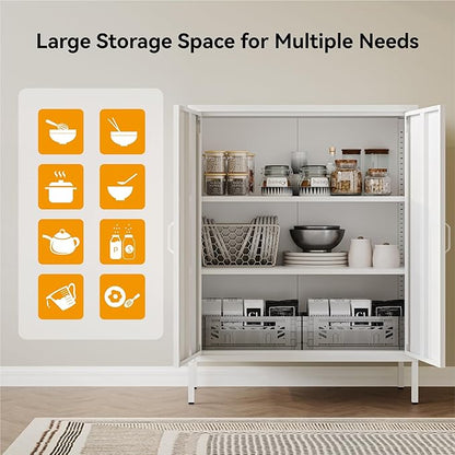 COFaR White Metal Storage Cabinet, 40” Kitchen Buffet & Coffee Bar Cabinet with Adjustable Shelves, 3-Tier Steel Organizer with Magnetic Doors, Sideboard for Dining Room, Home Office