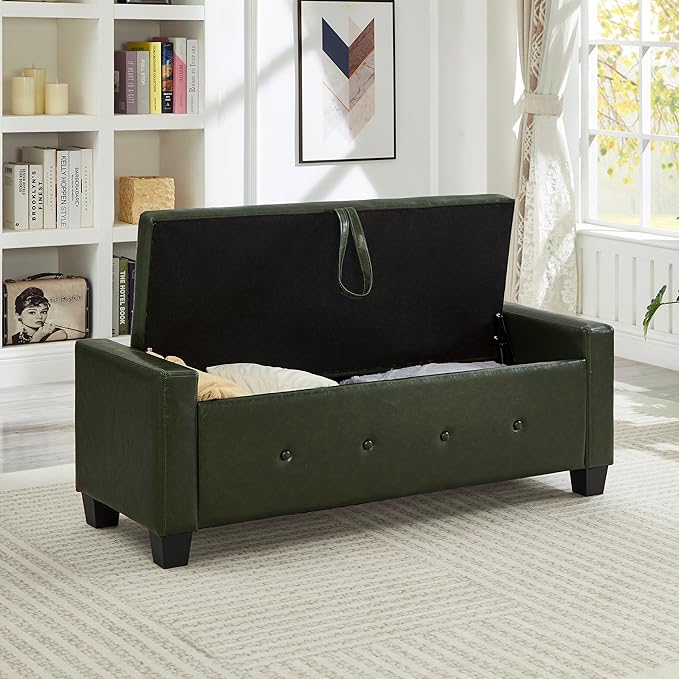 Furniliving Storage Bench, 48‘’ Upholstered PU Leather Ottoman Bench with Button-Tufted, Folding Bedroom Bench with Wood Legs, Entryway Bench for Bedroom, Grass Green