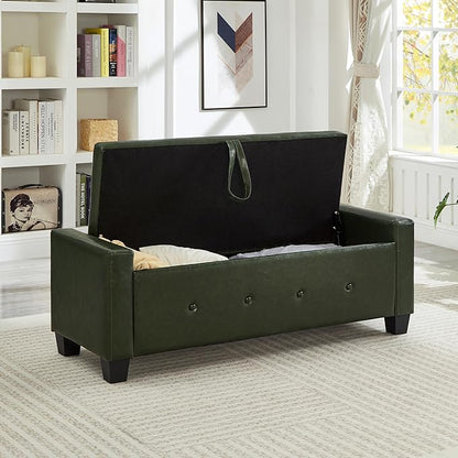 Furniliving Storage Bench, 48‘’ Upholstered PU Leather Ottoman Bench with Button-Tufted, Folding Bedroom Bench with Wood Legs, Entryway Bench for Bedroom, Grass Green