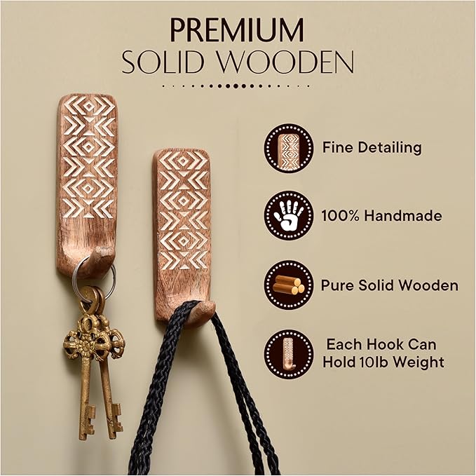 Indian Shelf Boho Decorative Wood Adhesive Wall Hooks for Hanging Coats, Keys, Leash, Hat, Towel Holder, Cute Sticky Key Holder, Brown White Western Wall Décor (12 Hooks 24 Strips)