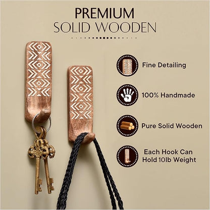 Indian Shelf Boho Decorative Wood Adhesive Wall Hooks for Hanging Coats, Keys, Leash, Hat, Towel Holder, Cute Sticky Key Holder, Brown & White Western Wall Décor (3 Hooks 6 Strips)