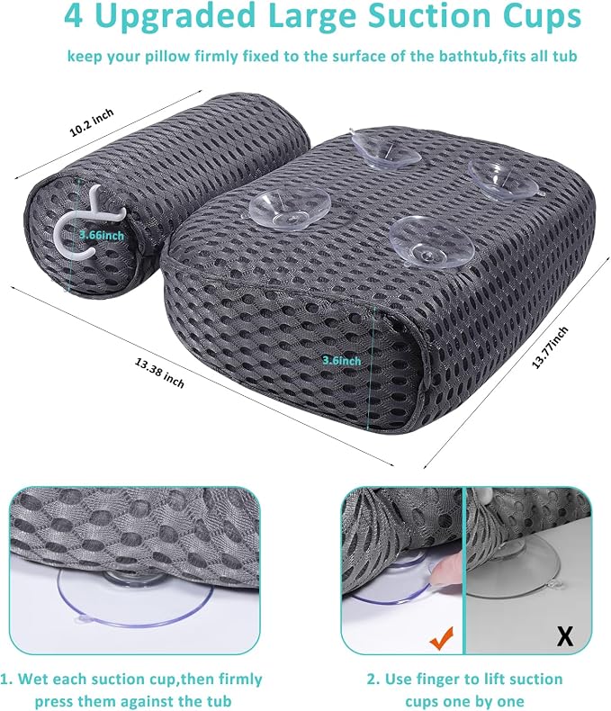 Bath Pillow for Tub Support Neck and Back, Bathtub Pillow Bath Accessories for Bathtub Women, Hot Tub Accessories for Adults Gray