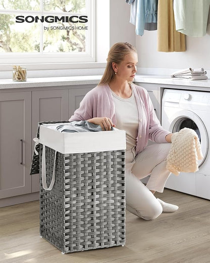 SONGMICS Laundry Hamper with Lid, 17.2 Gallon (65 L) Synthetic Rattan Clothes Laundry Basket with Lid and Handles, Foldable, Removable Liner, Dove Gray ULCB165G01