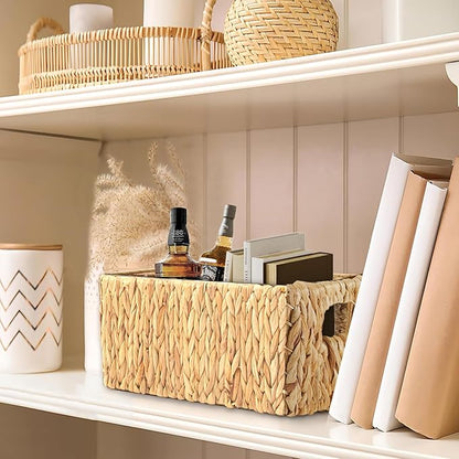 Greenatural Water Hyacinth Storage Baskets Set of 2, Handwoven Rectangular Organizer Trays with Built-in Handles in 2 Sizes, Nested Wicker Bins for Shelf, Bathroom, Kitchen, Office, Natural Decor