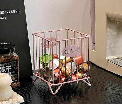 Coffee Pod Holders for Counter, Nespresso Pods Holder, K-Cup Holder, Metal Coffee Pod Basket, Espresso Pods Organizer, Countertop Organizer for Keurig Kcups & Espresso Capsules (Pink)