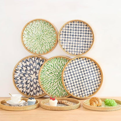 Round Rattan Tray with Mother of Pearl Inlay, Rattan Serving Tray with Wooden Base, Decorative Wicker Basket for Table Decor, Storage and Display of Coffee Bread Food Fruit (Checkerboard 11.8")