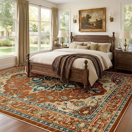 RELEANY Area Rugs 7'x9' Washable Non-Slip, Floral Vintage Distress Medallion Carpet for Living Room Bedroom Dining Room, Red Orange Blue Brown