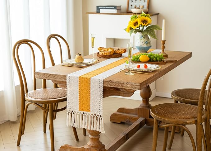 FEXIA Boho Table Runner for Summer Home Decor with Tassels 72 Inches Long Farmhouse Yellow Rustic Table Decoration Macrame Burlap Decor for Living Room Bridal Shower (12x72 Inches)