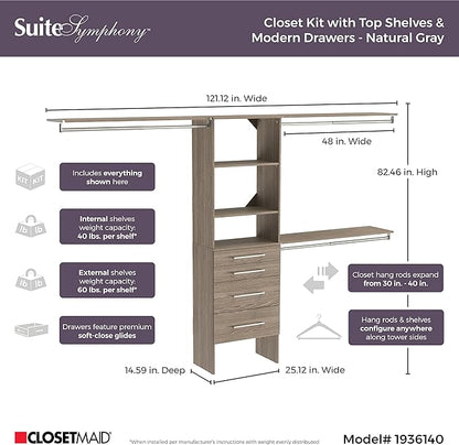 ClosetMaid SuiteSymphony Wood Closet Organizer Kit with Tower, 3 Hang Rods, Top Shelves, 4 Drawers, Modern Adjustable, Fits Spaces 6-10 ft. Wide, Natural Grey