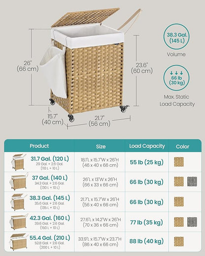SONGMICS Laundry Hamper with Lid, 38.3 Gallons (145 L), Rolling Laundry Basket with Wheels, 2-Section Synthetic Rattan, Removable Liner, Bedroom, 21.7 x 15.7 x 26 Inches, Natural Color ULCB262Y01