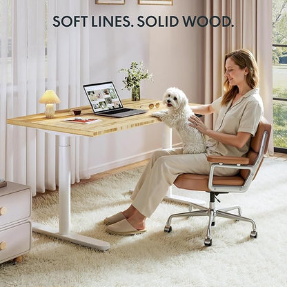FLEXISPOT Bamboo Electric Standing Desk with Elegant Oval Legs & Curved Desktop, 48"x24" Height Adjustable Desk for Home Office & Living Spaces, White Frame