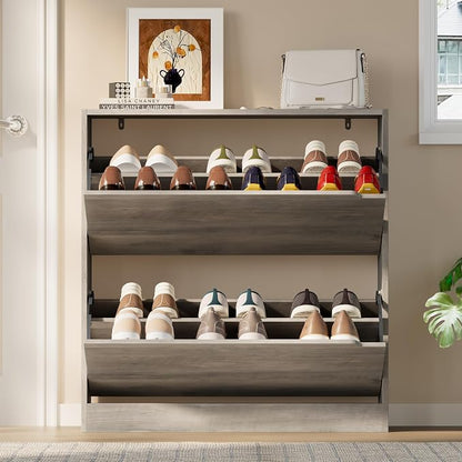 BORNOON Shoe Cabinet with 2 Flip Drawers, Slim Narrow Shoe Storage Cabinet, Freestanding Shoe Organizer with Adjustable & Removable Shelves, Top Display Shelf for Entryway, Hallway, Foyer, Closet