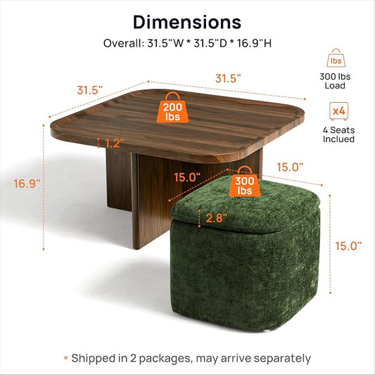 Square Coffee Table with Stools Underneath, Wood Ottoman Coffee Tables with 4 Chenille Storage Ottomans & Seats, Mid-Century Modern Coffee Table with Chairs for Living Room, Small Space, Walnut&Green