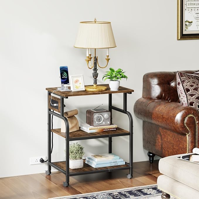 YAOHUOO 3 Tier Large Printer Stand with Power Outlet/Adjustable Shelf | 22"x15" Large Top,Fit 2-3 printers,Rolling Cart with Wheels,Table for Home Office,Fit 3D Printer/Heat Press/Laser,Brown
