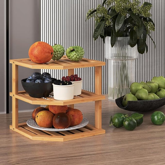 VERTORGAN 3 Tier Bamboo Corner Shelf(4 Pack),Dish Drying Rack,Plate Organizer,Kitchen Spice Rack for Countertop and Cabinet