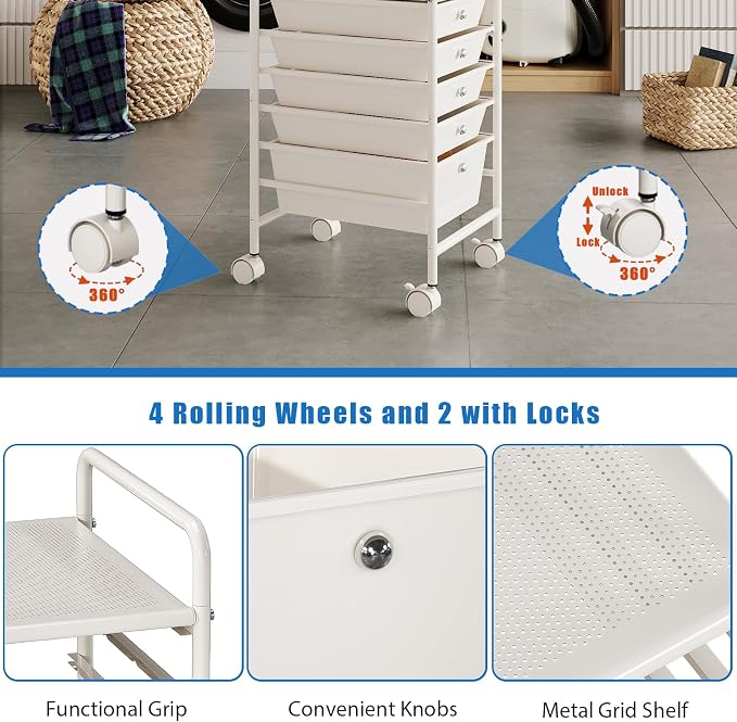 6-Tier Rolling Cart with 5 Drawers, Rolling Utility Cart with 2 Lockable Caster Wheels, Multipurpose Mobile Rolling Storage Drawer Cart for Office Bathroom Kitchen, Ivory White