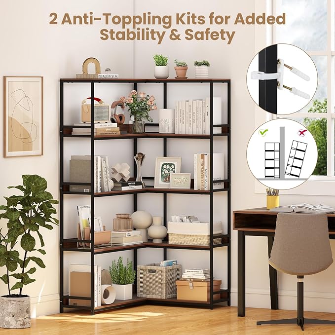 Giantex 5-Tier Corner Bookshelf, 71" L-Shaped Bookcase, Tall Etagere Bookshelf with Metal Frame, Industrial Open Display Shelf, Vertical Storage Rack for Living Room, Study, Office (Walnut)