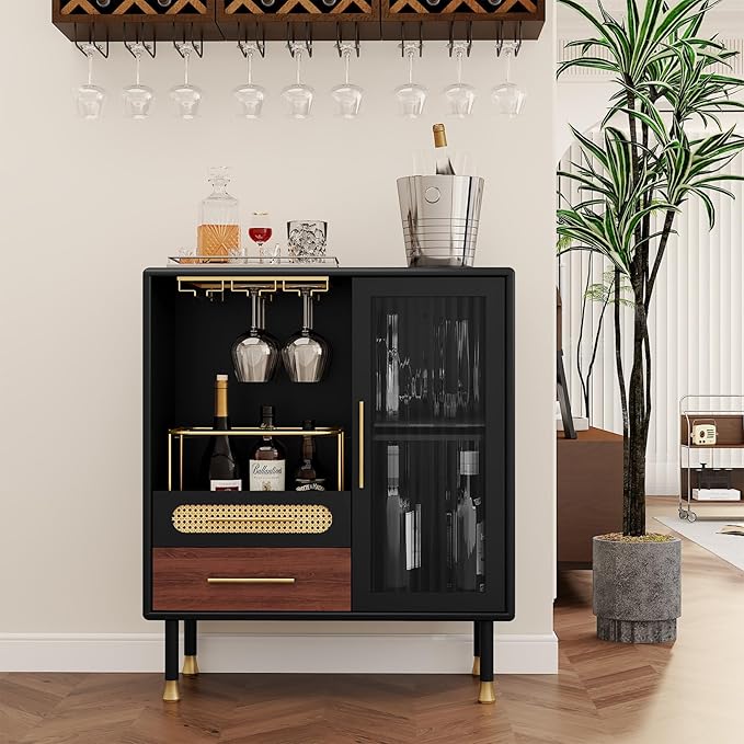 ARTPOWER Modern Coffee Bar Cabinet with Wine Glass Rack and Drawers, Black Liquor Cabinet with Pull-Out Wine Storage for Kitchen, Dining Room, Living Room