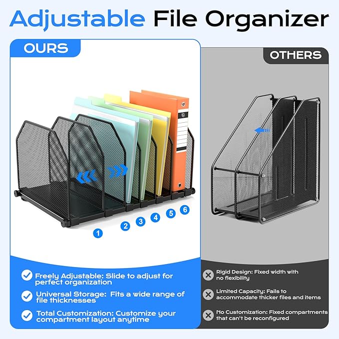 Adjustable File Organizer for Desk, 6 Sections Vertical File Folder Holders Desktop Binder Organizer, Mesh Desk Organizer File Sorter for Home Office Classroom