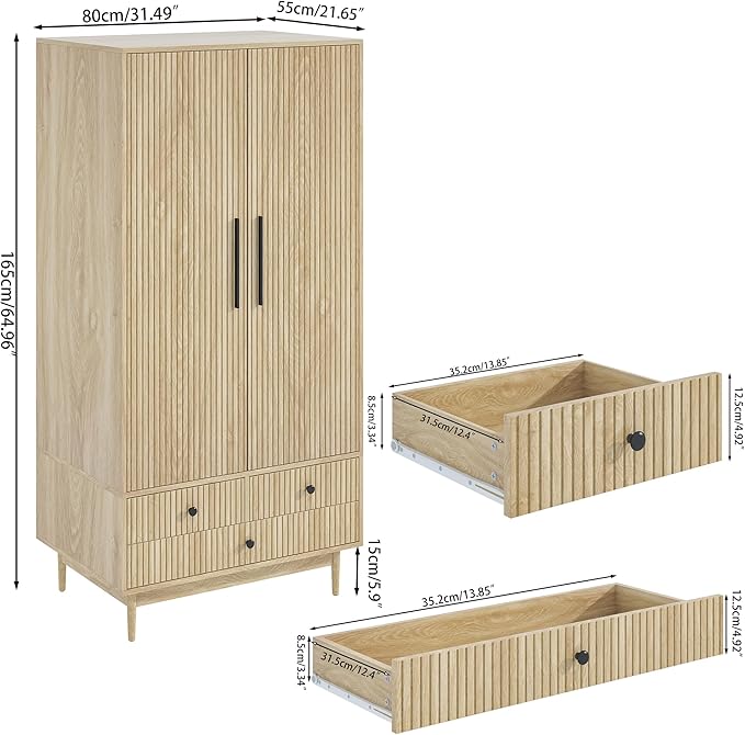 Armoire Wardrobe Closet with 2 Fluted Doors,64.96" Wooden Clothes Storage Cabinet with Hanging Rod and Shelf Storage,Wardrobe Cabinet with 3 Drawers,Freestanding Closet for Bedroom (Natural)