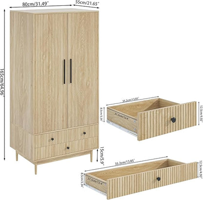 Armoire Wardrobe Closet with 2 Fluted Doors,64.96" Wooden Clothes Storage Cabinet with Hanging Rod and Shelf Storage,Wardrobe Cabinet with 3 Drawers,Freestanding Closet for Bedroom (Natural)