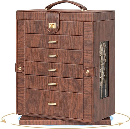 AKOZLIN 360° Rotating Jewelry Box Extra Large 6-Tier Organizer Functional Jewelry Storage Case for Women Girls Ring Necklace Earring Bracelet Holder with Mirror Red Brown