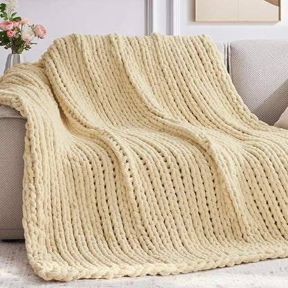 Negwoo Chunky Knit Throw Blanket, 50''*60'' Knitted Throw Chenille Yarn for Bed Couch, Handmade Oatmeal Crochet Big Thick Blanket, Machine Washable Cute Comfy Blanket for Home Decor