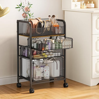 4-Tier Rolling Utility Cart with 3 Drawers-Craft Organizers and Storage with 360° Lockable Wheels,Art Supply Storage Organizer for Art Supplies, Store for Brushes & Paints & Artifacts Patent Pending