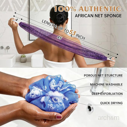 ARCH&M African Net Sponge Authentic with Knots, 2 Pack 53" Long | Exfoliating Back Scrubber, Quick-Dry Shower Mesh Loofah, Daily Use For Body & Face, Gentle for All Skin Types