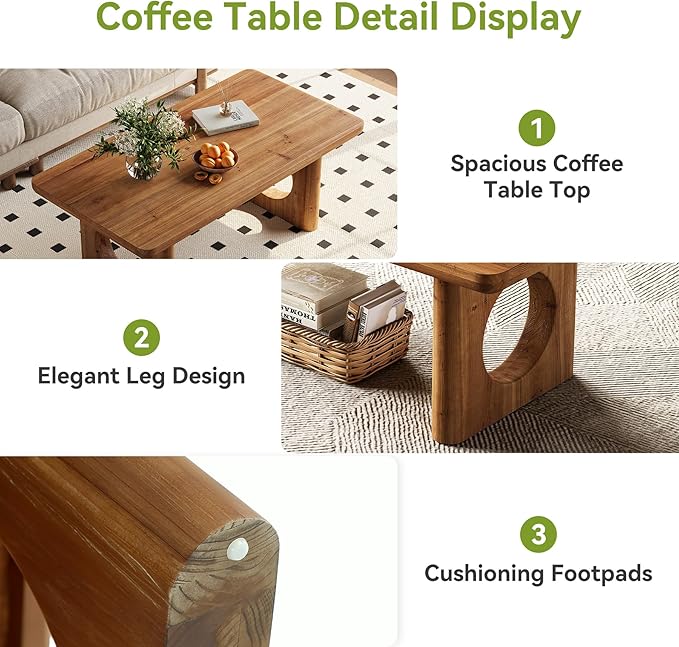 LITTLE TREE Solid Wood Coffee Table, Modern Farmhouse Coffee Table with Thick Tabletop, Rectangle Center Table for Living Room, Home Office, Bedroom, Brown