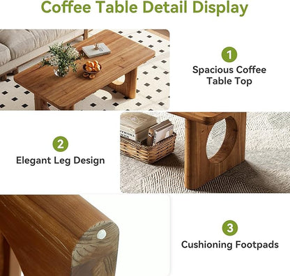 LITTLE TREE Solid Wood Coffee Table, Modern Farmhouse Coffee Table with Thick Tabletop, Rectangle Center Table for Living Room, Home Office, Bedroom, Brown
