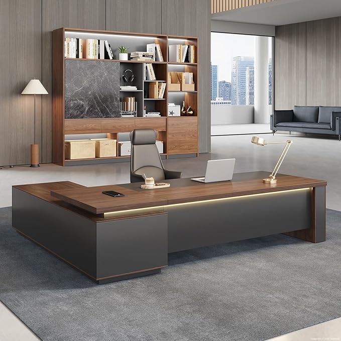 Nuipens 63 Inch Compact Reversible L Shaped Executive Desk for Manager, Home Office Desk with Power Outlet & USB Ports, LED Ambient Lighting, Storage Cabinet, Walnut