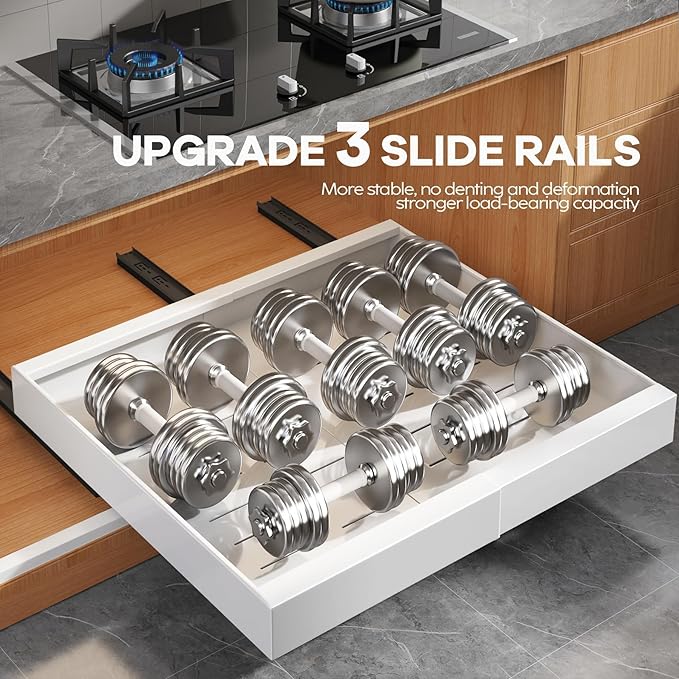 Seinloes 2 Pack Pull Out Cabinet Organizer for Wide Cabinets,Expandable 15.1"-26.3" Width,21" Deep Slide Out Drawers With Raising Pad for Framed Cabinets,3 Slide Rails,No Drill Roll Out Shelves,White