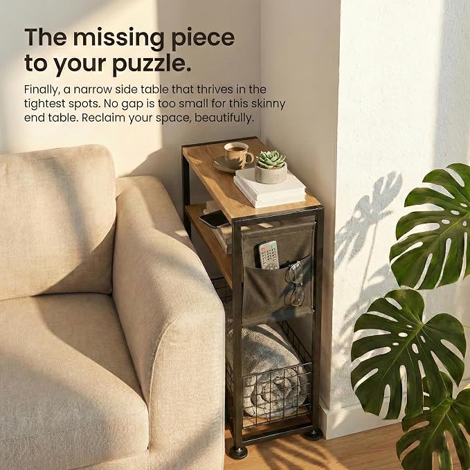 Skinny Side Table with Storage, 3 Tier Slim Side Tables for Small Spaces, Skinny End Table Narrow Bedside Table Narrow Side Table for Living Room, Bedroom
