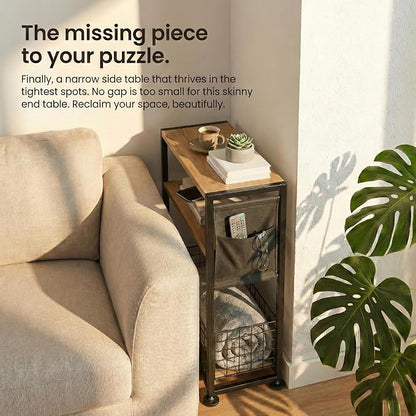 Skinny Side Table with Storage, 3 Tier Slim Side Tables for Small Spaces, Skinny End Table Narrow Bedside Table Narrow Side Table for Living Room, Bedroom