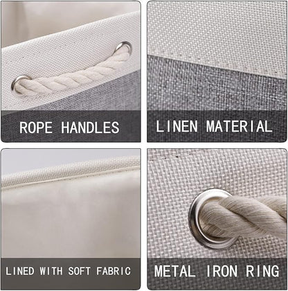 HNZIGE Large Fabric Storage Baskets (3 Pack) - Foldable Gift Baskets with Rope Handles, Decorative Organizers for Home (White & Gray, 15" x 11" x 9.5")