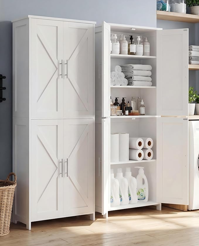 Akxomel Tall Bathroom Storage Cabinet, 11 x 22.8 x 63 Inches, Floor Cabinet with Barn Doors, Adjustable Shelf, Linen Pantry Cabinet for for Kitchen, Laundry Room, Living Room, Entryway, White